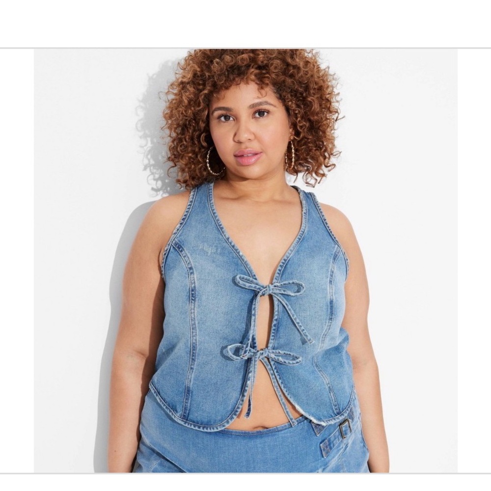 Denim Tie-Front Vest Top - Light Blue